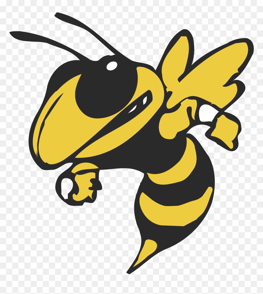 Stylized yellow-and-black cartoon hornet in dynamic flying pose with raised fists, on transparent background.
