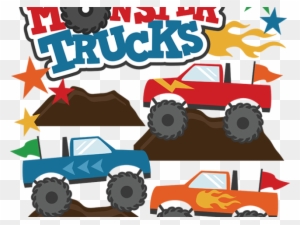 Colorful cartoon monster trucks racing over dirt mounds with stars and flames.