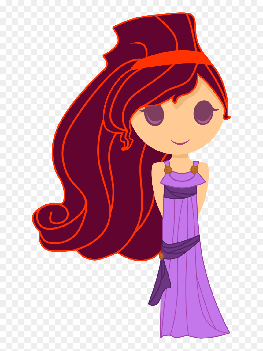 Chibi-style cartoon girl with long dark red hair, purple Grecian dress, and orange headband, smiling gently.