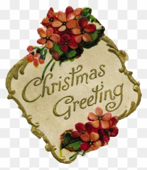 Vintage Christmas greeting card with ornate gold frame, red and pink floral clusters, and elegant script text.