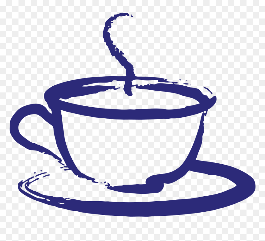 Blue hand-drawn illustration of a steaming teacup on a saucer with expressive brushstroke style.