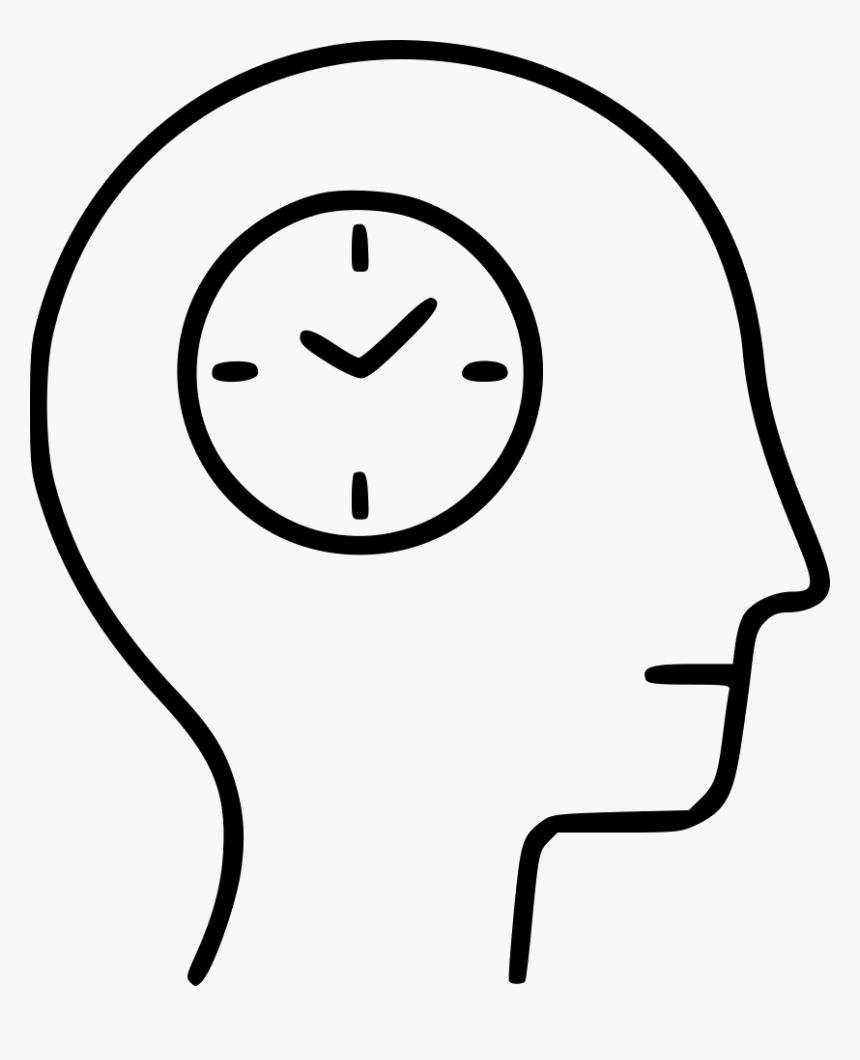 Silhouette of a human head in profile with a clock face inside, symbolizing time perception or mental time management.