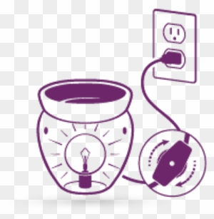 Purple line illustration of an electric wax warmer plugged into an outlet, with a lightbulb inside indicating heat source.