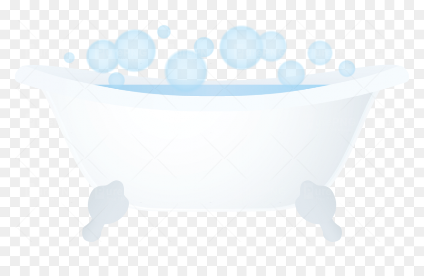 White clawfoot bathtub filled with water and floating blue bubbles on transparent background.