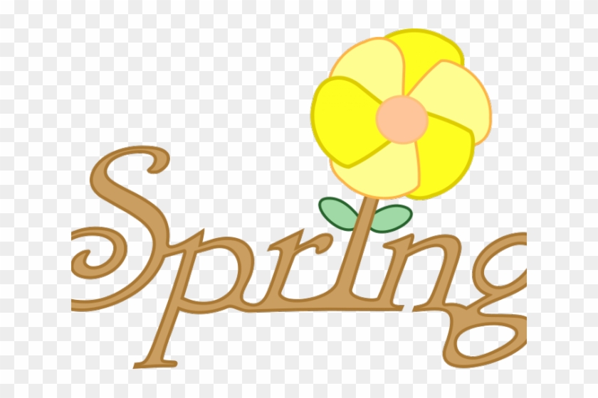 Stylized "Spring" text in brown script with a yellow flower blooming from the letter 'i', set on transparent background.
