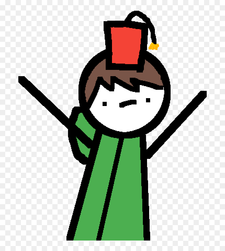 Pixel-art stick figure in green robe and red graduation cap, arms raised triumphantly.