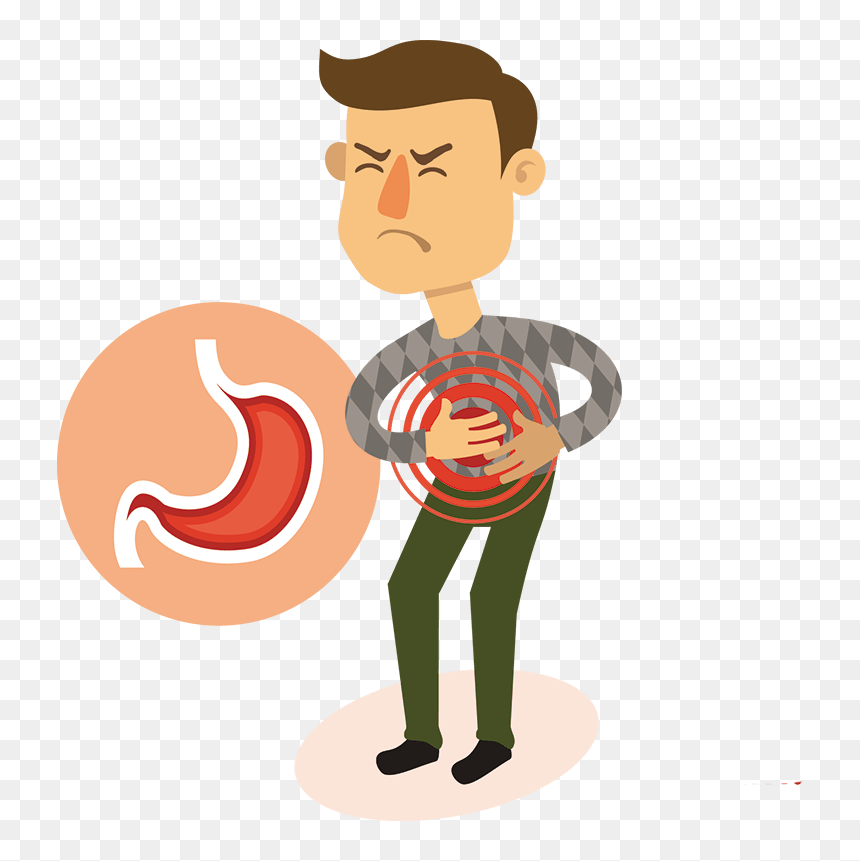 Man clutching stomach in pain with illustrated gastric anatomy beside him, indicating digestive discomfort or ulcer symptoms.