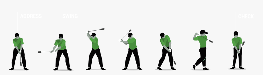 Step-by-step illustration of a golf swing sequence from address to follow-through.