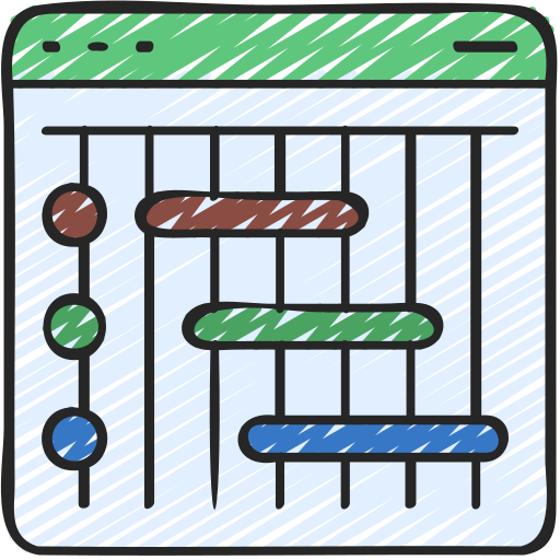 Hand-drawn style Gantt chart in a browser window showing three color-coded project tasks with timeline bars and milestone markers.