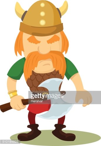 Cartoon Viking warrior with horned helmet, beard, and axe, standing confidently.