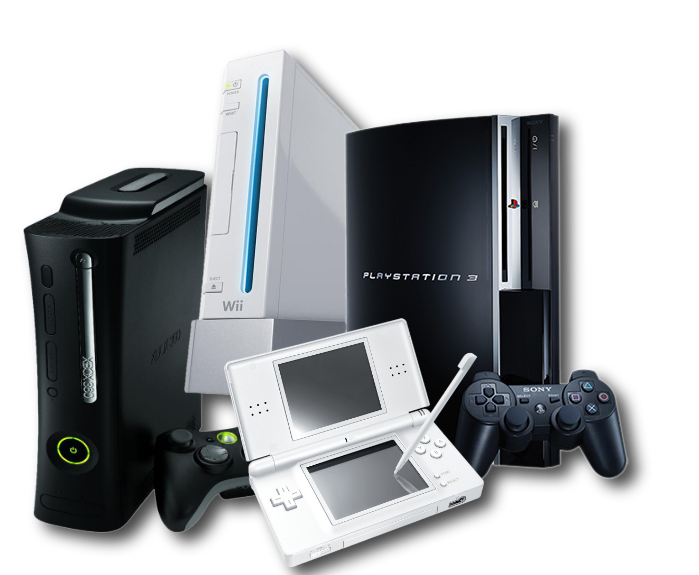 Collection of iconic 2000s gaming consoles: Xbox 360, Nintendo Wii, PlayStation 3, and Nintendo DS Lite with controllers.