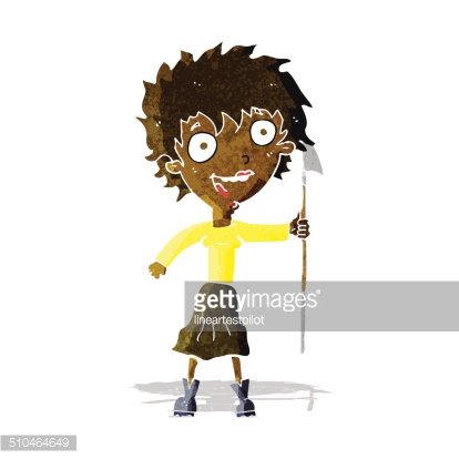 Cartoon girl with wild hair, yellow shirt, holding a spear, smiling playfully.