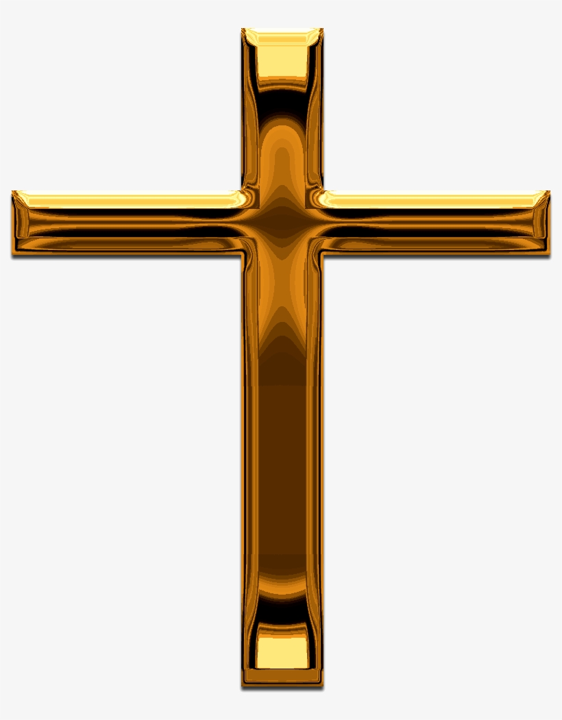 Golden metallic Christian cross with reflective surface and beveled edges on white background.