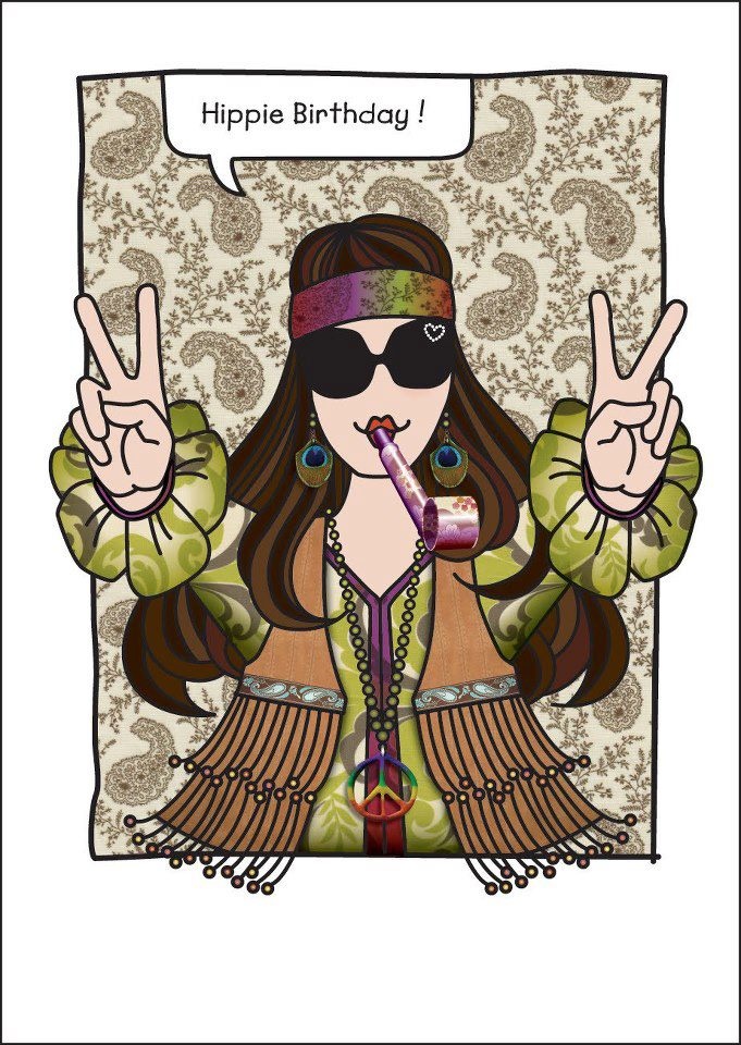 Hippie-themed birthday illustration with peace signs, sunglasses, headband, and party horn against paisley background.