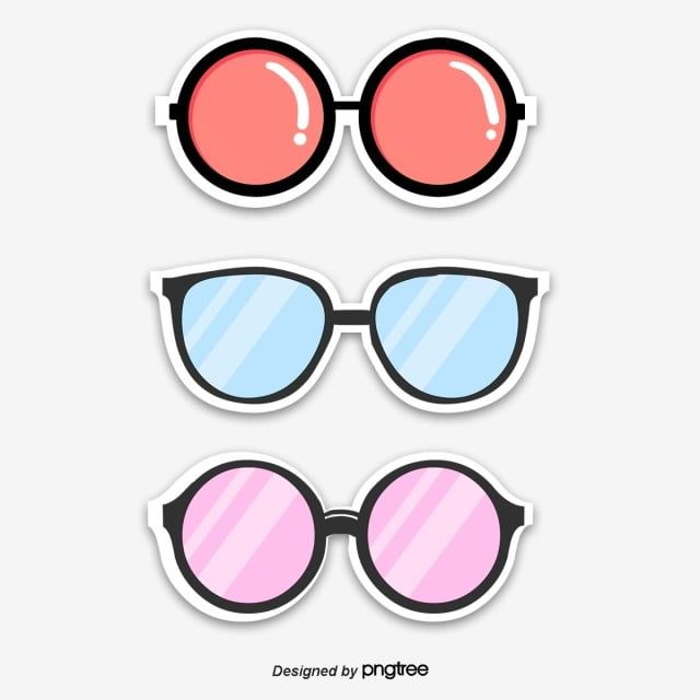 Three cartoon-style sunglasses in red, blue, and pink with white borders and glossy lens highlights.