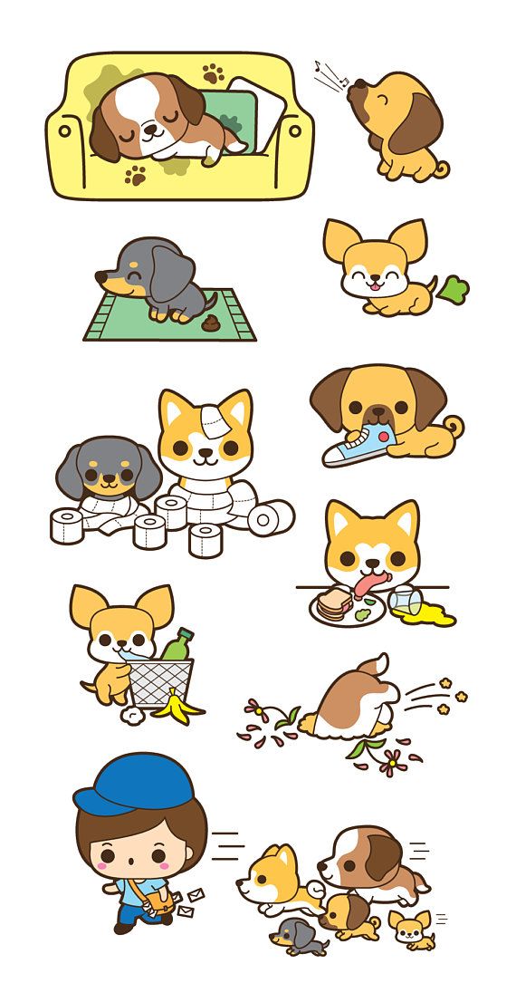 Cute cartoon dogs in playful, messy, and wholesome scenarios-sleeping, chewing shoes, raiding trash, chasing mail carrier.