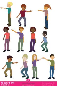 Diverse group of 10 illustrated children pointing and interacting in colorful and black-and-white versions.