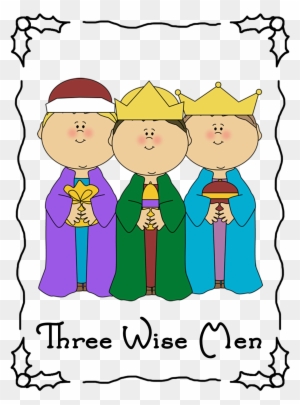 Three cartoon wise men in colorful robes and crowns, each holding a gift, labeled "Three Wise Men".