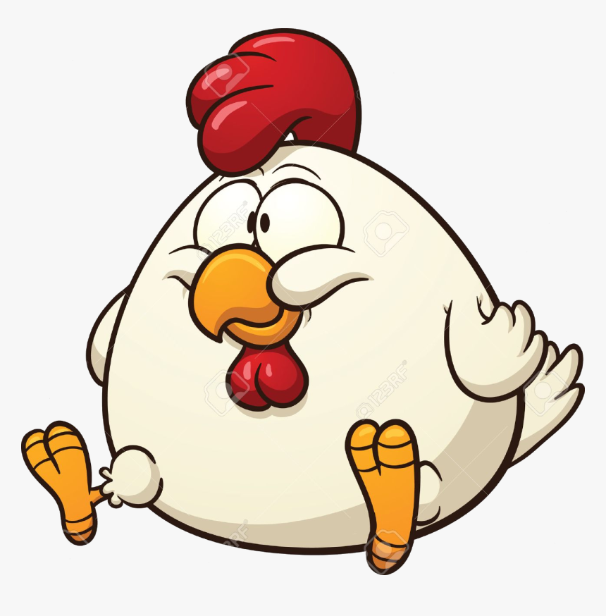 Cartoon chicken with red comb, wide eyes, and surprised expression, sitting upright with orange feet visible.