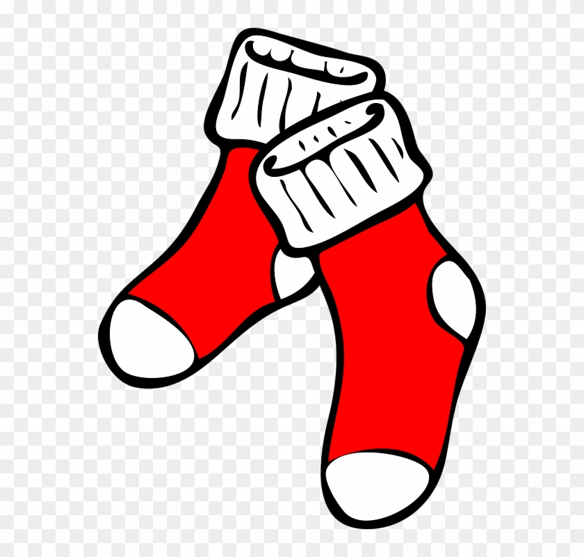 Red and white cartoon-style socks with folded cuffs, crossed at the ankles.