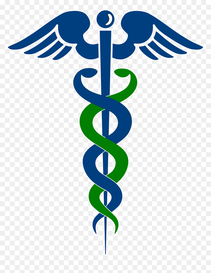 Caduceus medical symbol with blue staff, green and blue intertwined snakes, and winged top on transparent background.