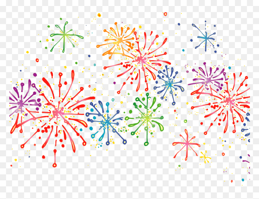 Colorful hand-drawn fireworks in red, blue, green, purple, and orange bursting against a transparent background.
