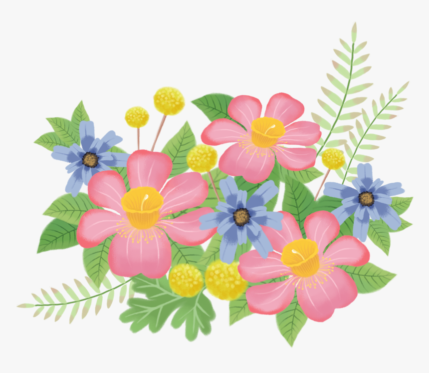 Colorful floral illustration with pink, blue, and yellow flowers surrounded by green leaves and ferns.
