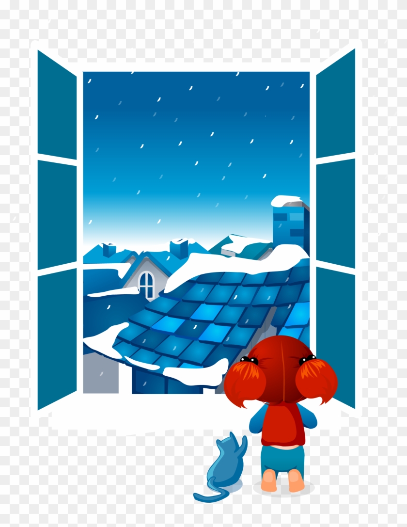 A child with red pigtails and a blue cat gaze out an open window at a snowy rooftop scene under falling snowflakes.