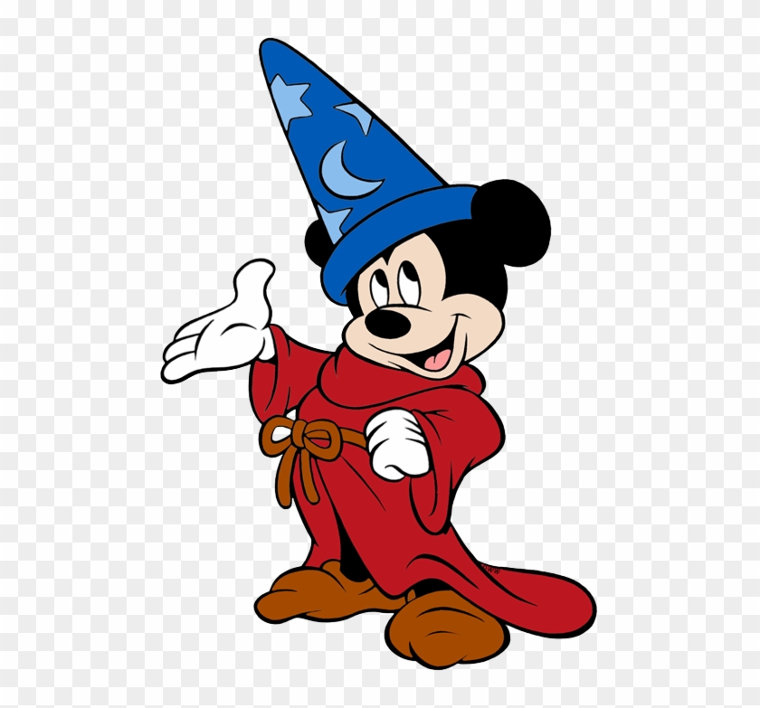 Mickey Mouse as the Sorcerer’s Apprentice in red robe and blue starry hat, gesturing magically.