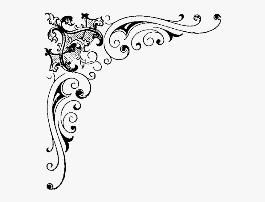 Elegant black-and-white Victorian-style corner flourish with intricate scrollwork and floral motifs.