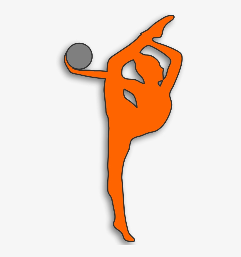 Orange silhouette of a rhythmic gymnast performing a high leg lift while holding a gray ball.