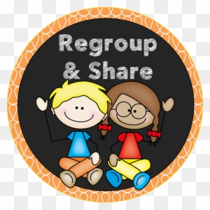 Two smiling cartoon children sitting cross-legged, labeled "Regroup & Share" in a circular orange-border frame.