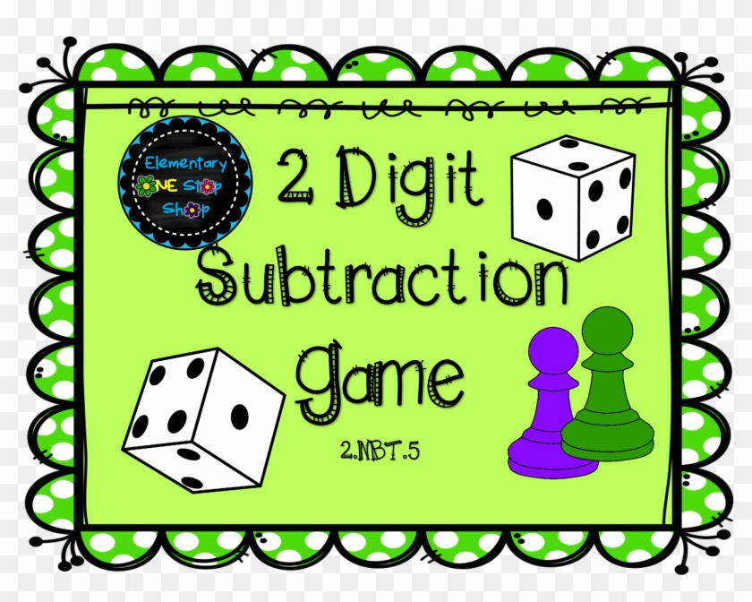 Educational "2 Digit Subtraction Game" cover with dice, chess pieces, and green polka-dot border for elementary math practice.