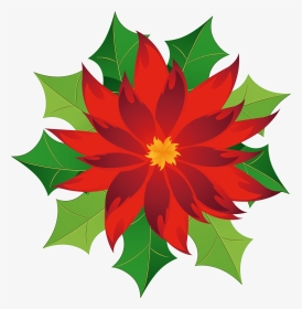 Vibrant red poinsettia flower with yellow center surrounded by green holly leaves, festive holiday illustration.