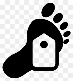 Black silhouette of a human foot with a house-shaped tag on the sole, symbolizing home footprint or housing impact.