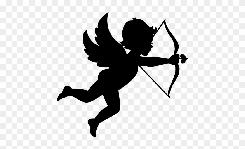Silhouette of Cupid flying with bow and arrow, wings spread, aiming forward.