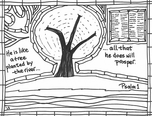 Black-and-white line drawing of a tree by a river with Psalm 1:3 text, framed like stained glass.