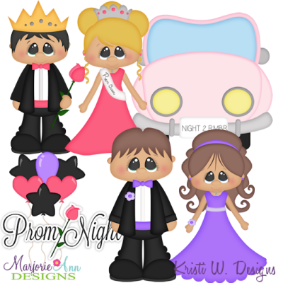Prom Night clipart featuring four cartoon teens in formal wear with a pink car and balloons.