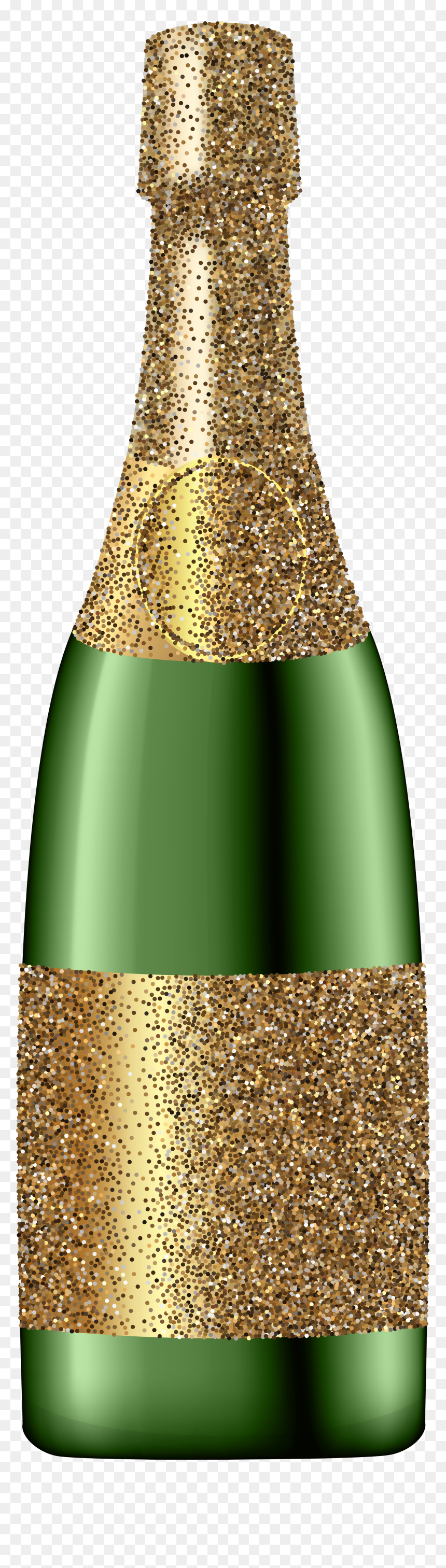 Glittering gold-wrapped green champagne bottle with festive sparkle effect on transparent background.