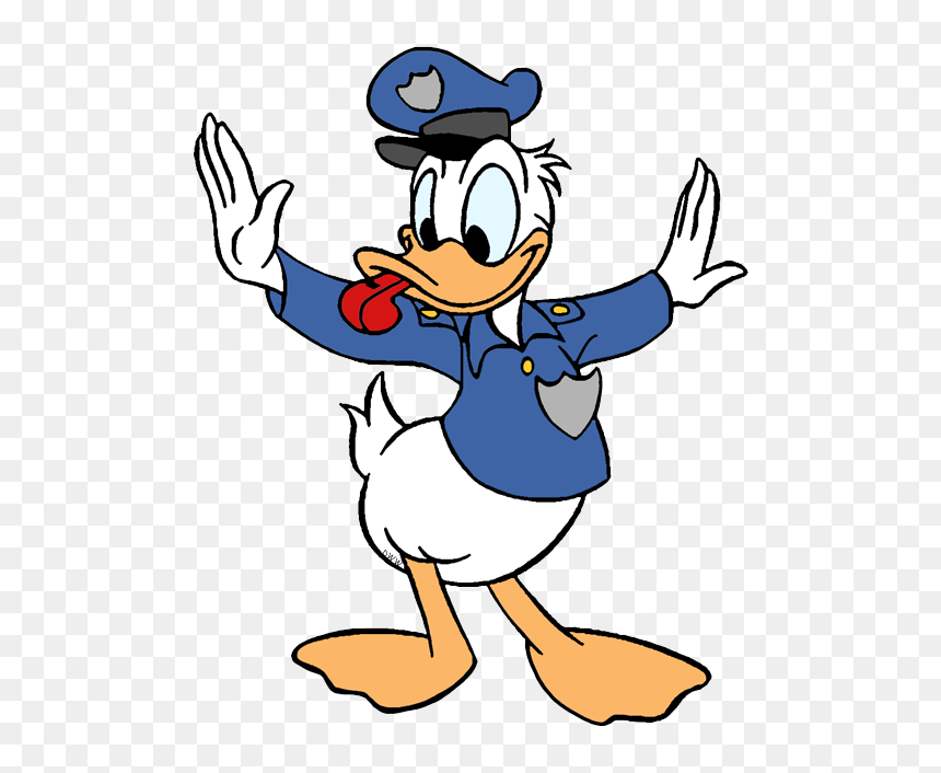 Donald Duck in a blue police uniform with hat, hands raised playfully.