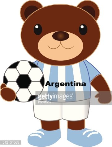 Cute cartoon bear in Argentina soccer jersey holding a football.