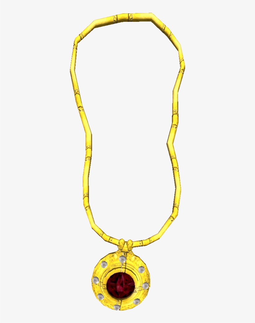 Golden necklace with bamboo-style chain and circular pendant featuring a deep red gemstone surrounded by silver accents.