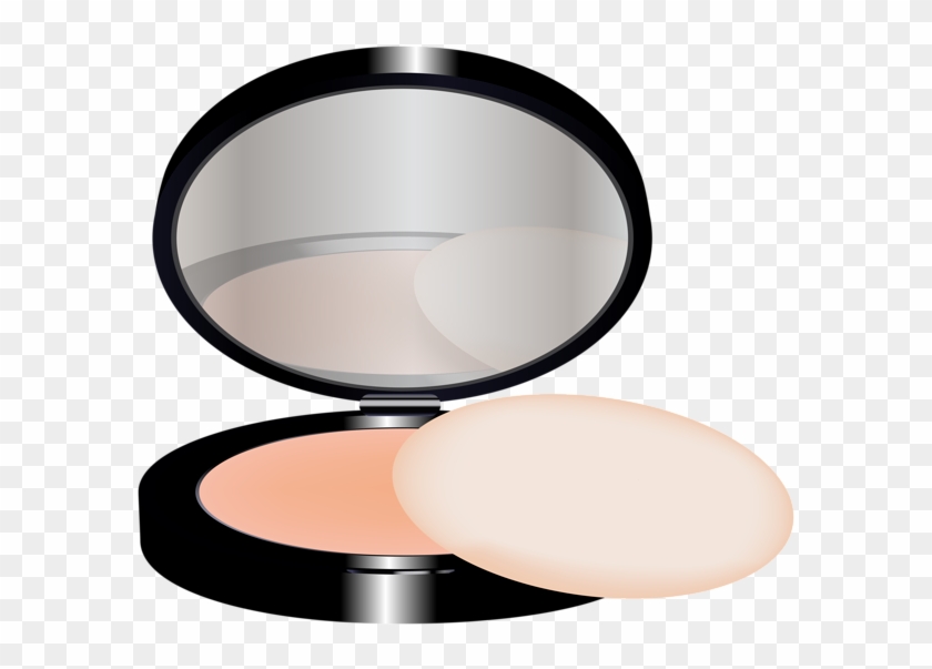 Open compact powder case with mirror, peach-toned pressed powder, and sponge applicator on transparent background.