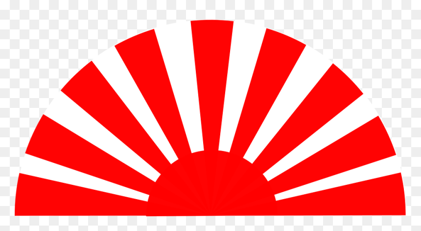 Red and white rising sun flag emblem, semicircular rays design on transparent background.