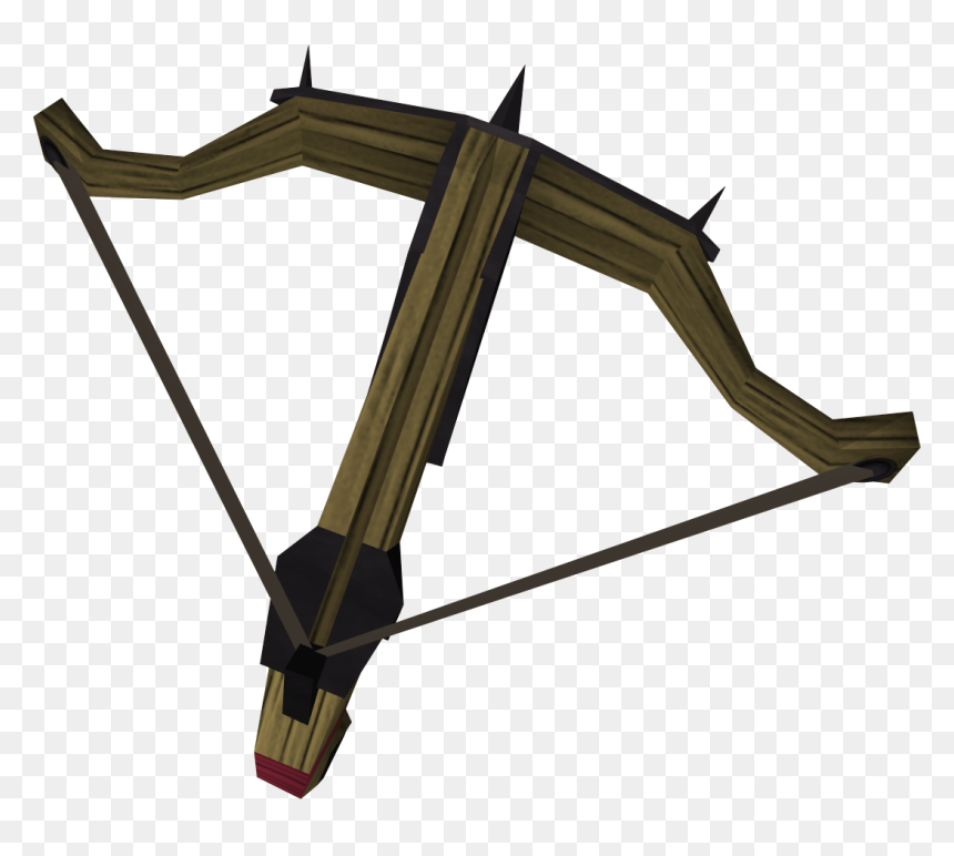 Wooden crossbow with spiked limbs and black bindings, rendered in 3D on transparent background.