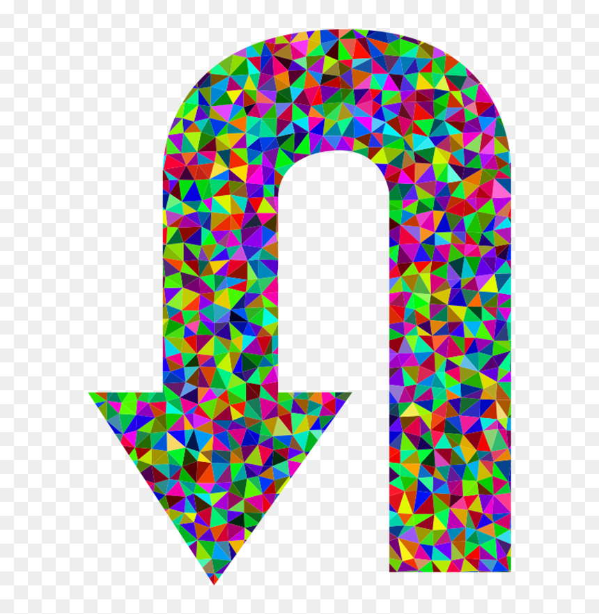 Colorful mosaic U-turn arrow symbolizing redirection, recycling, or return in digital design.