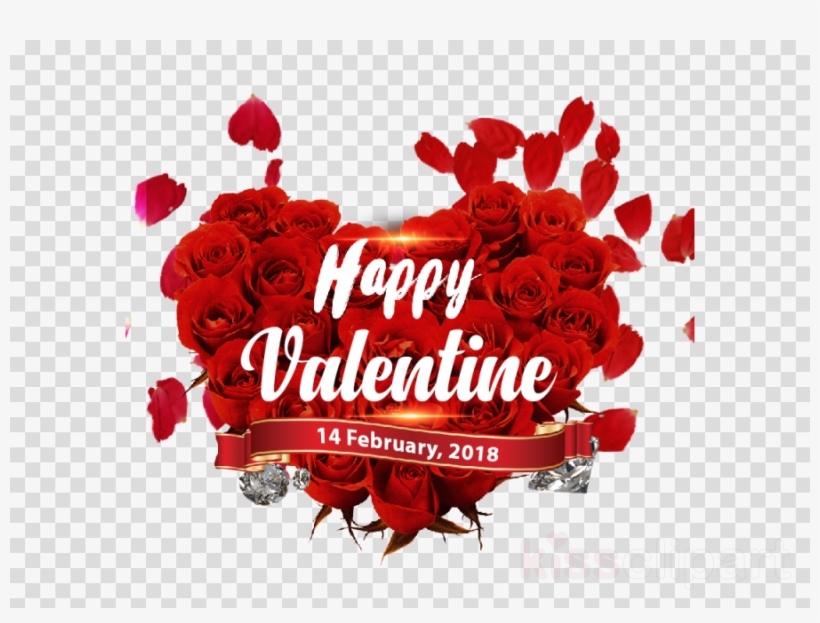 Heart-shaped bouquet of red roses with "Happy Valentine" text and falling petals, dated 14 February 2018.
