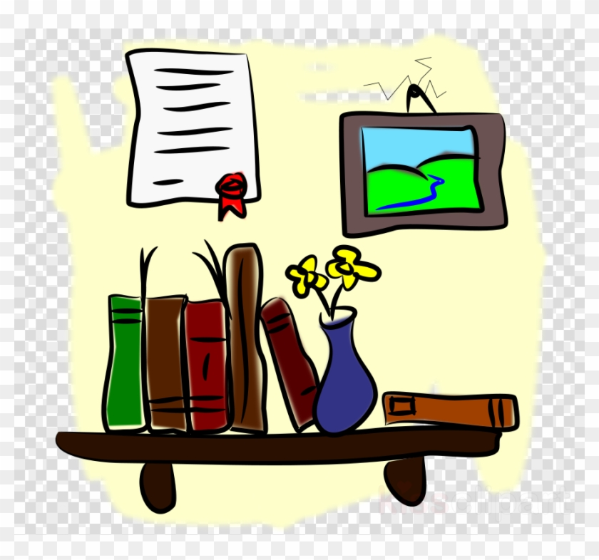 A cozy illustrated shelf with colorful books, a blue vase holding yellow flowers, a framed landscape, and a sealed document above.