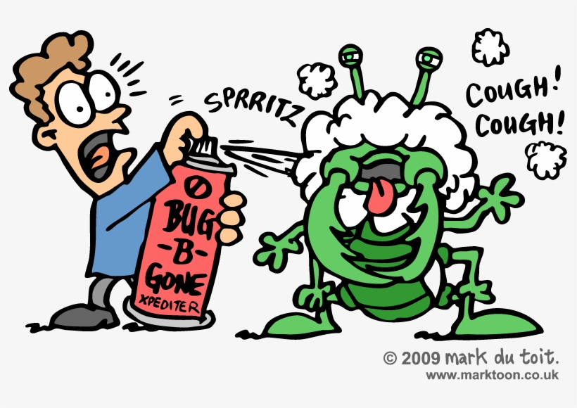 A cartoon man sprays "Bug-B-Gone" insecticide at a green bug who is coughing and sneezing in distress.