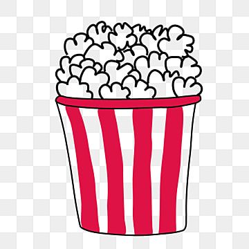 Red-and-white striped paper bucket overflowing with fluffy popcorn, cartoon-style illustration.